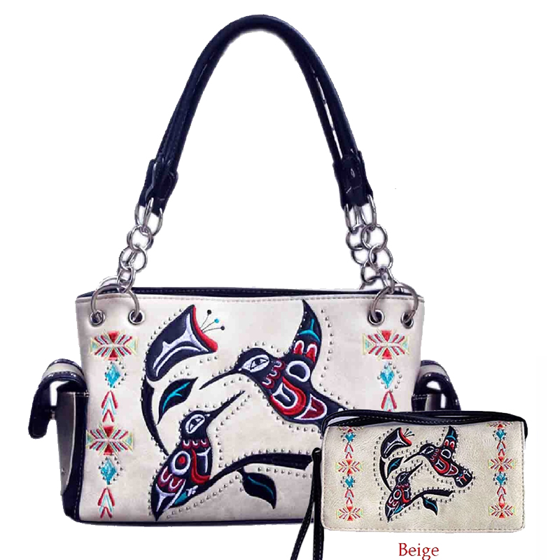 Beige Hummingbird Embroidery Concealed Handbag Set - G939W216 - Click Image to Close